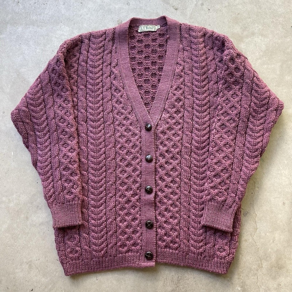Vintage‎ L.L. Bean Aran Irish Cardigan Sweater Wool Fisherman Cable Knit M